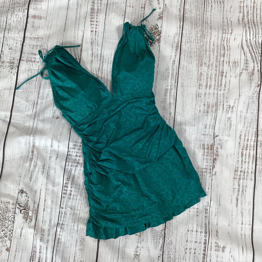 320. Profile By Gottex Turquoise Animal Print Swim Dress EUC Size 16